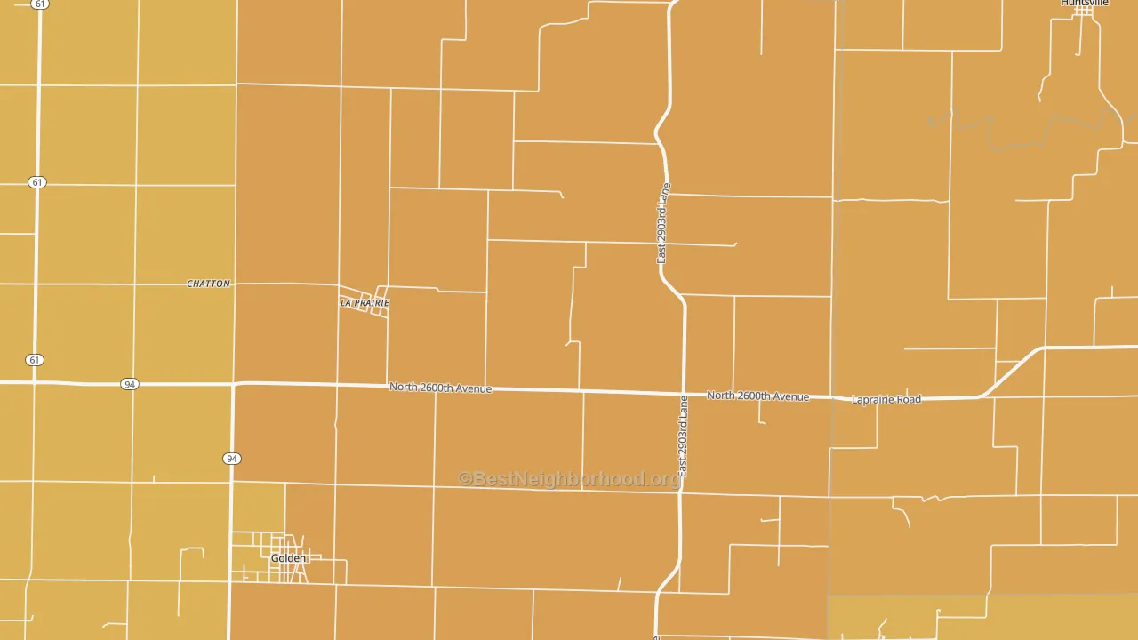 Map of the best neighborhoods in the 62346 area, with better matches in green and worse matches in red