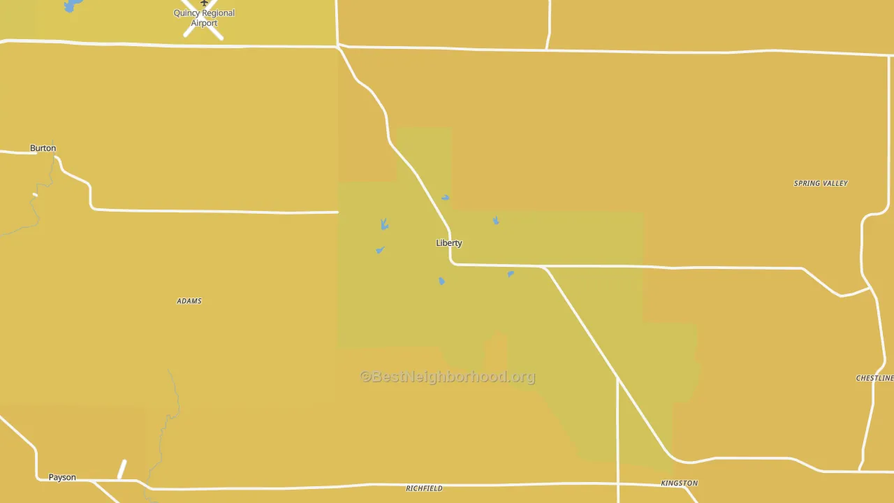 Map of the best neighborhoods in the 62347 area, with better matches in green and worse matches in red