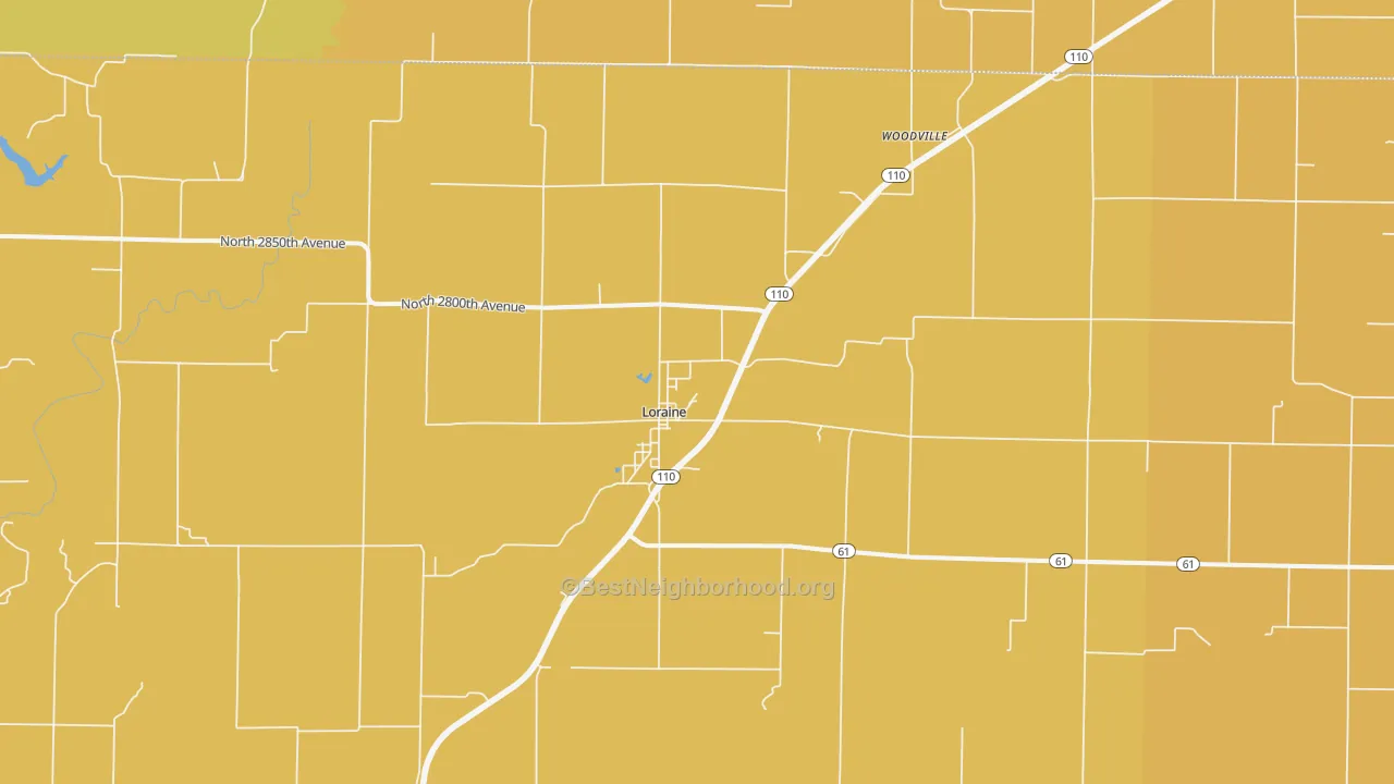 Map of the best neighborhoods in the 62349 area, with better matches in green and worse matches in red