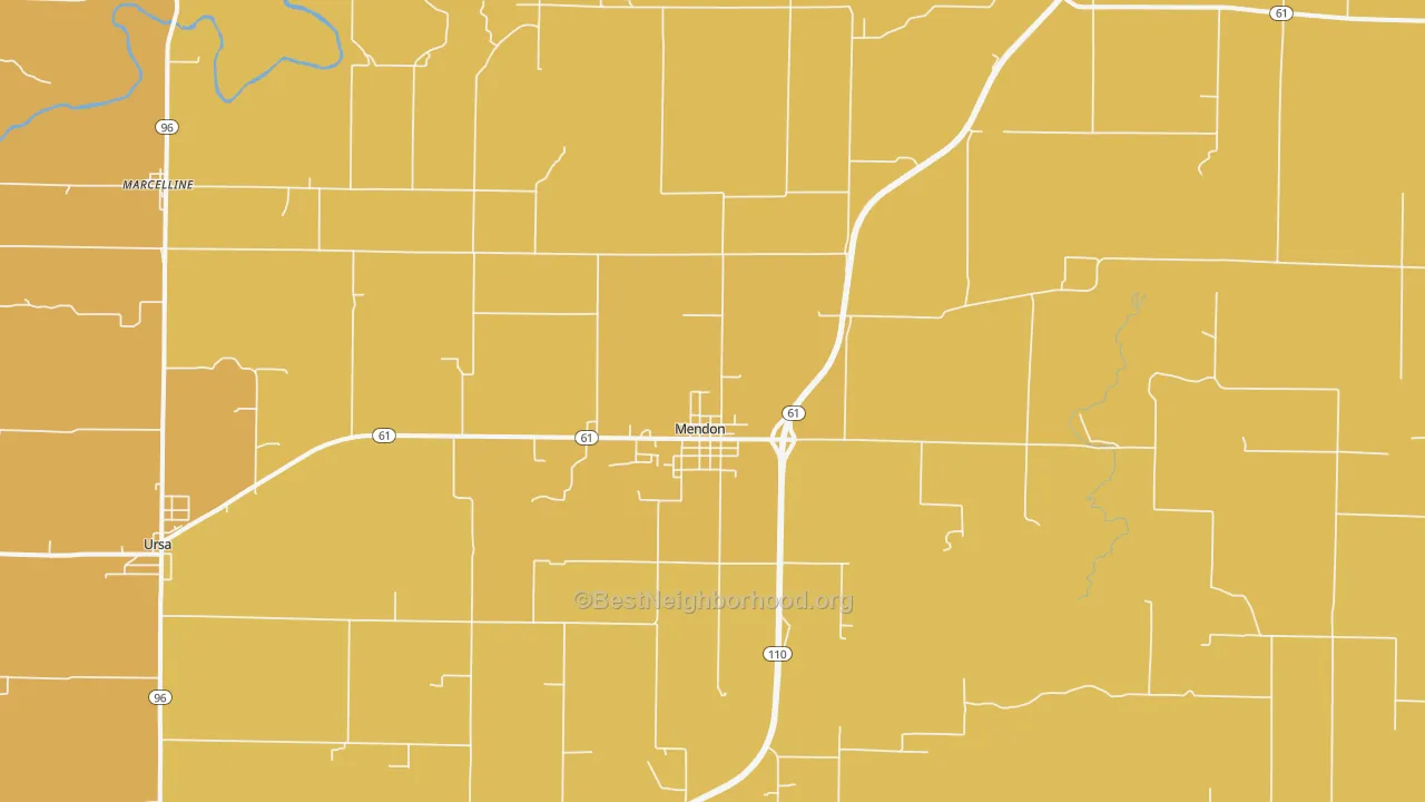 Map of the best neighborhoods in the 62351 area, with better matches in green and worse matches in red