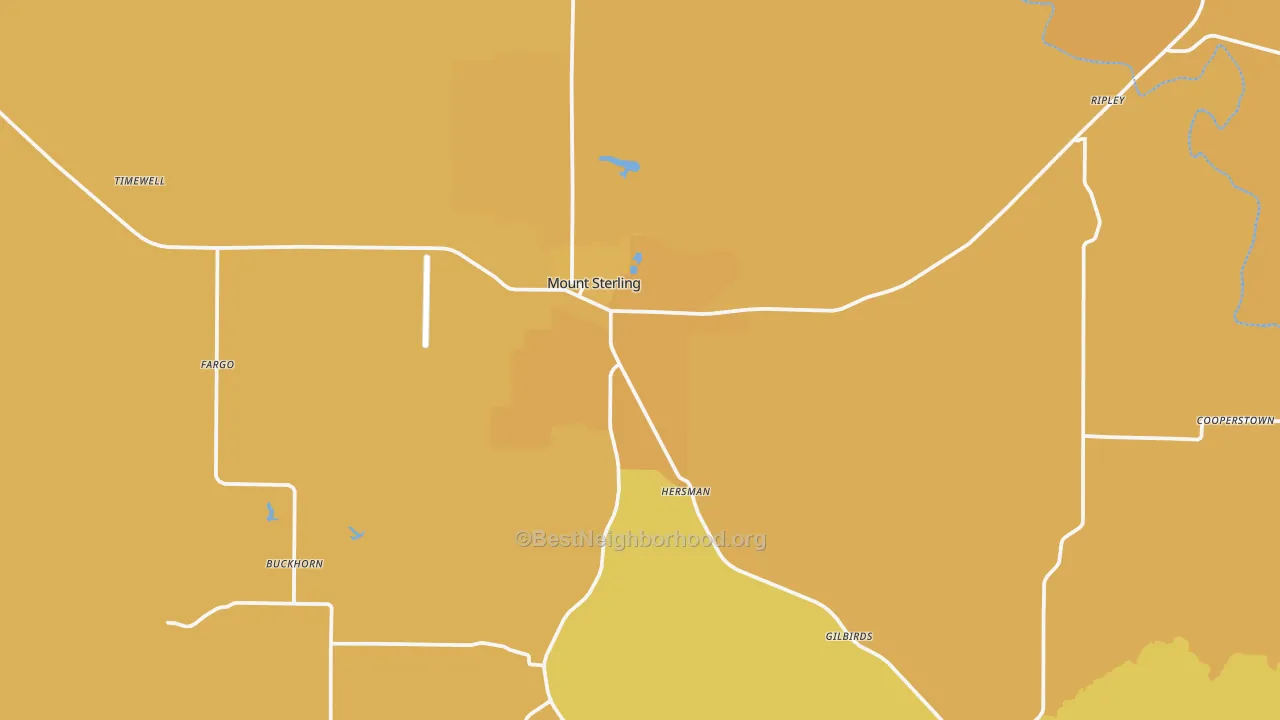 Map of the best neighborhoods in the 62353 area, with better matches in green and worse matches in red