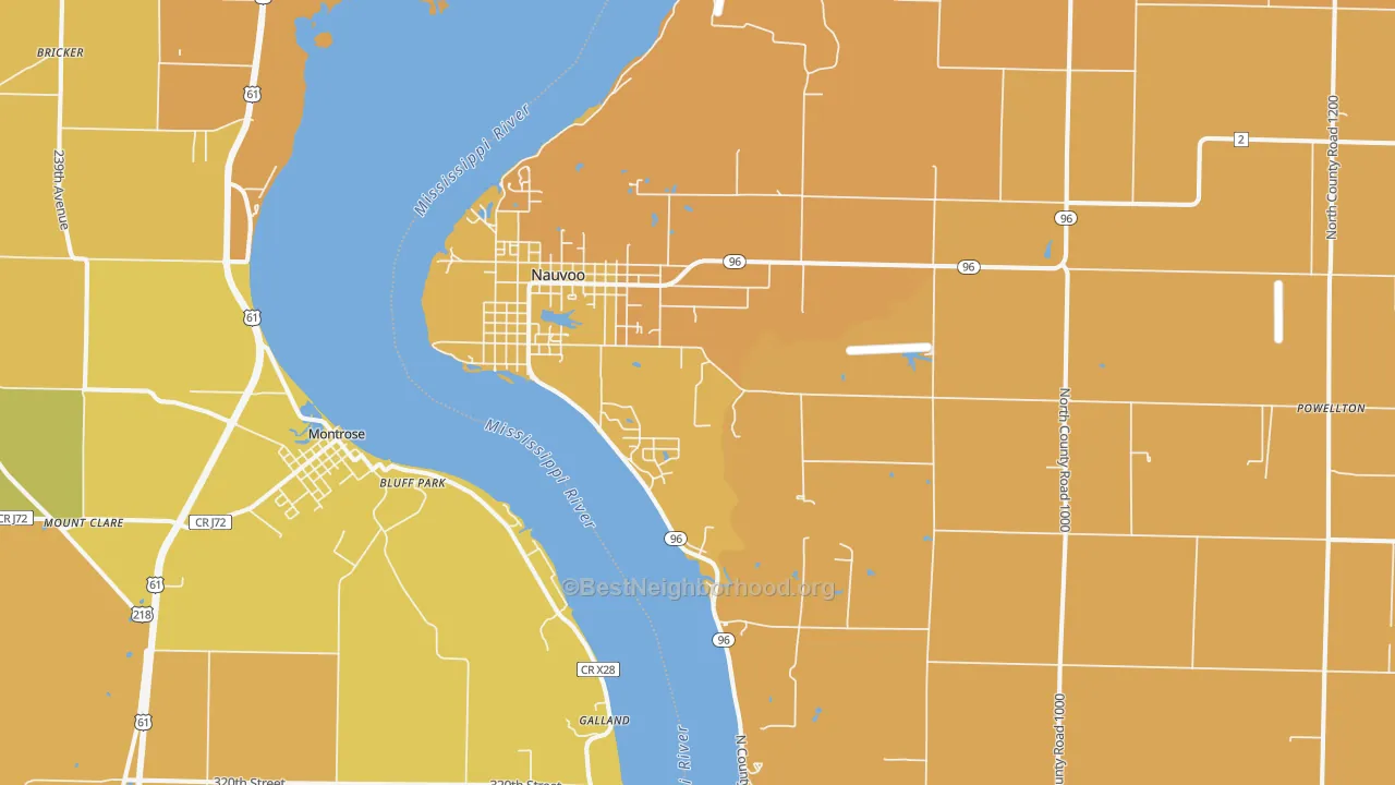 Map of the best neighborhoods in the 62354 area, with better matches in green and worse matches in red