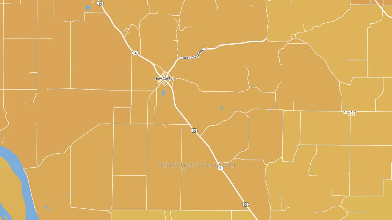 Map of the best neighborhoods in the 62356 area, with better matches in green and worse matches in red