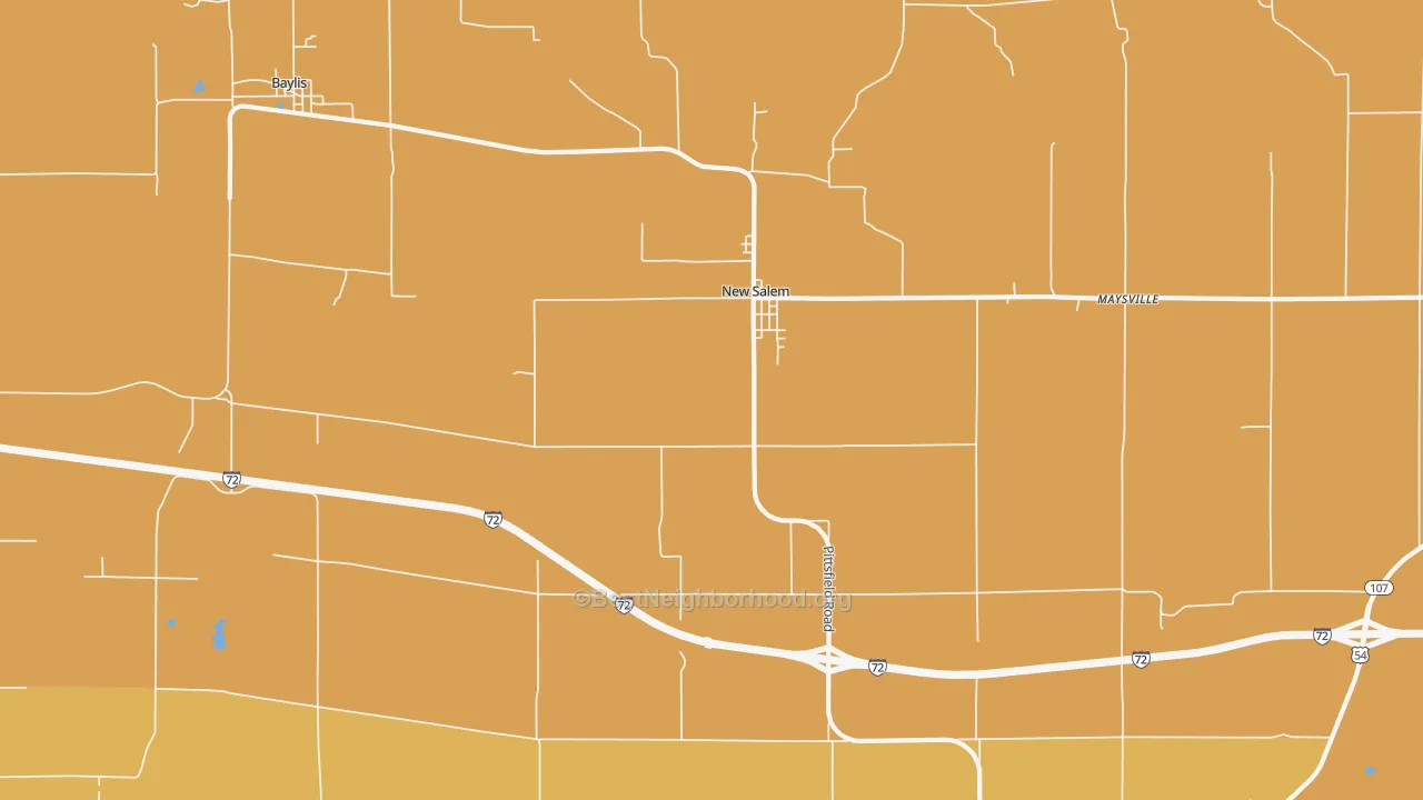 Map of the best neighborhoods in the 62357 area, with better matches in green and worse matches in red