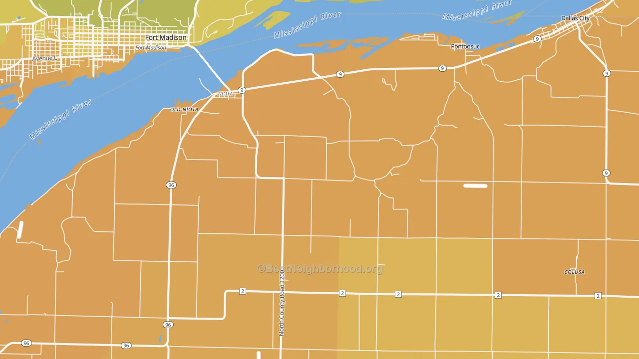 Map of the best neighborhoods in the 62358 area, with better matches in green and worse matches in red