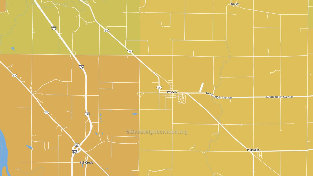 Map of the best neighborhoods in the 62360 area, with better matches in green and worse matches in red