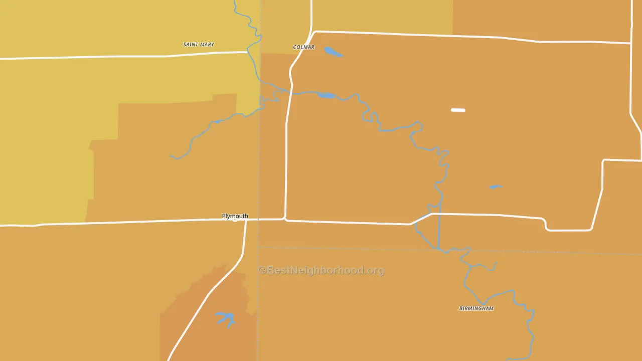 Map of the best neighborhoods in the 62367 area, with better matches in green and worse matches in red
