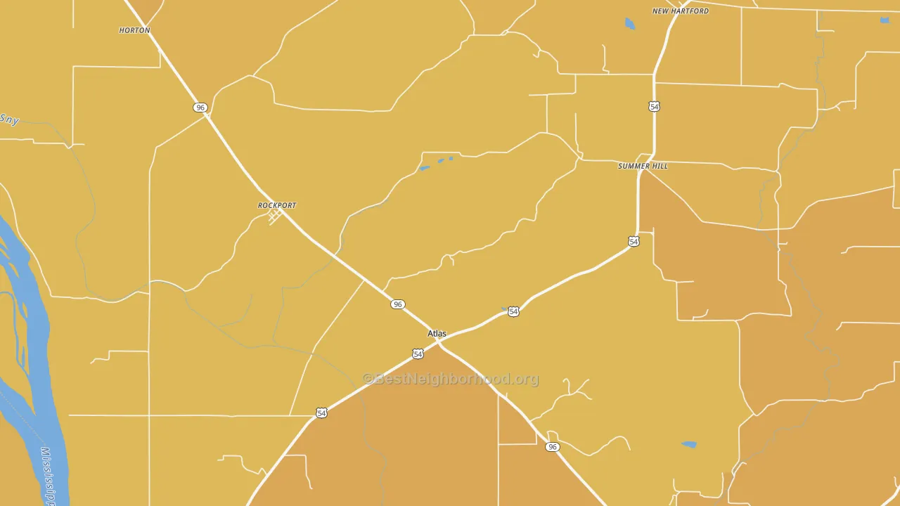 Map of the best neighborhoods in the 62370 area, with better matches in green and worse matches in red