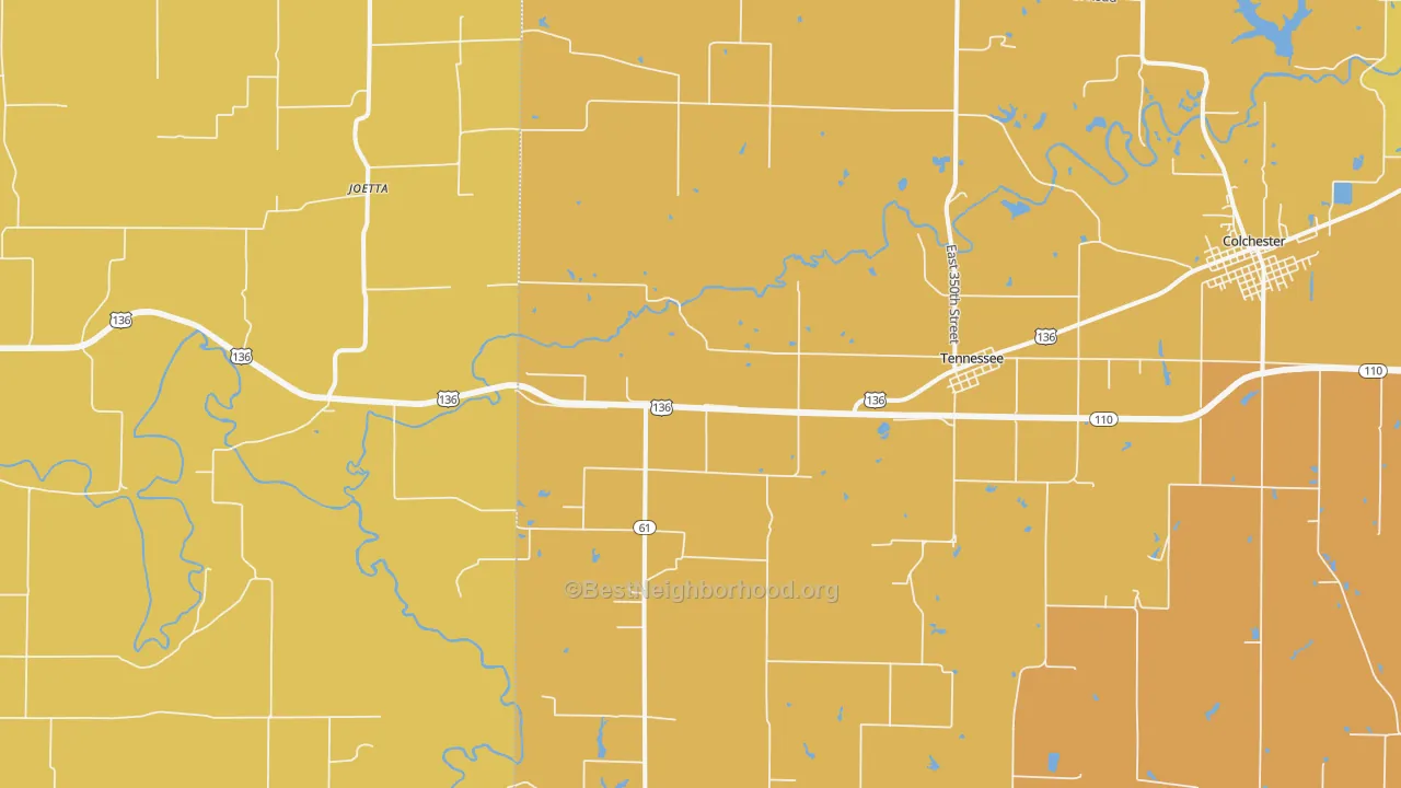Map of the best neighborhoods in the 62374 area, with better matches in green and worse matches in red