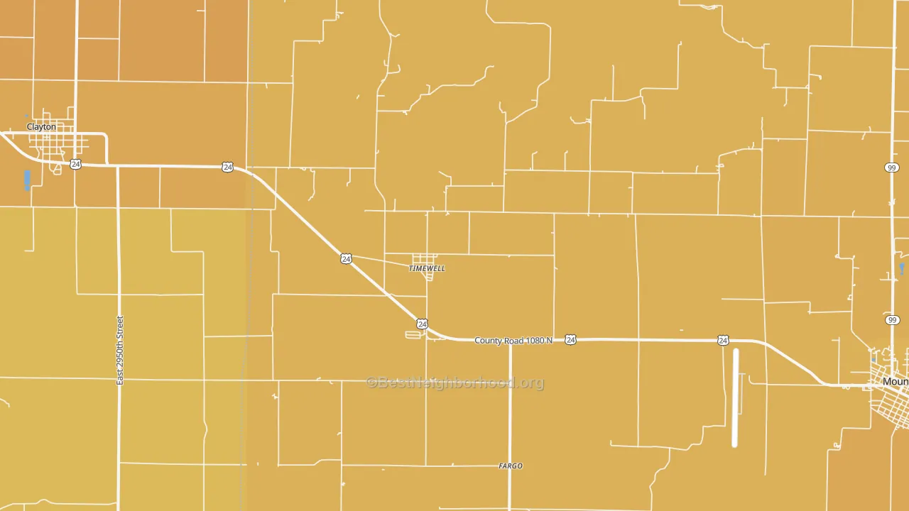 Map of the best neighborhoods in the 62375 area, with better matches in green and worse matches in red