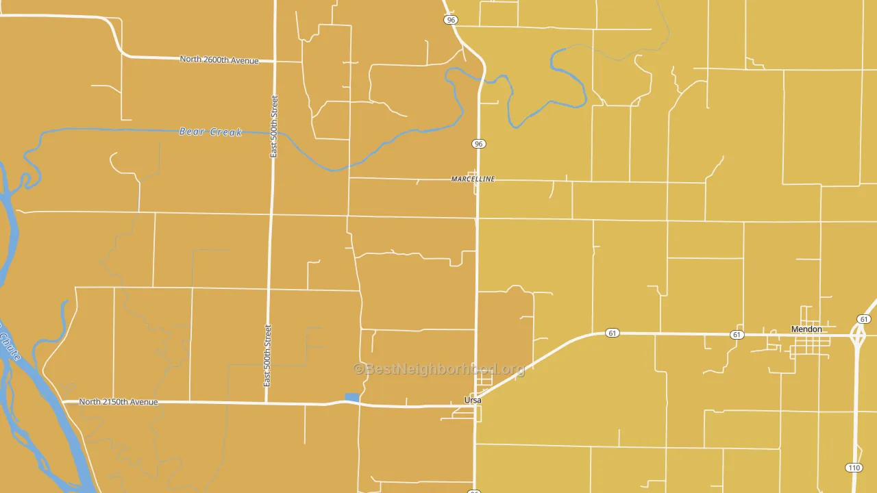 Map of the best neighborhoods in the 62376 area, with better matches in green and worse matches in red