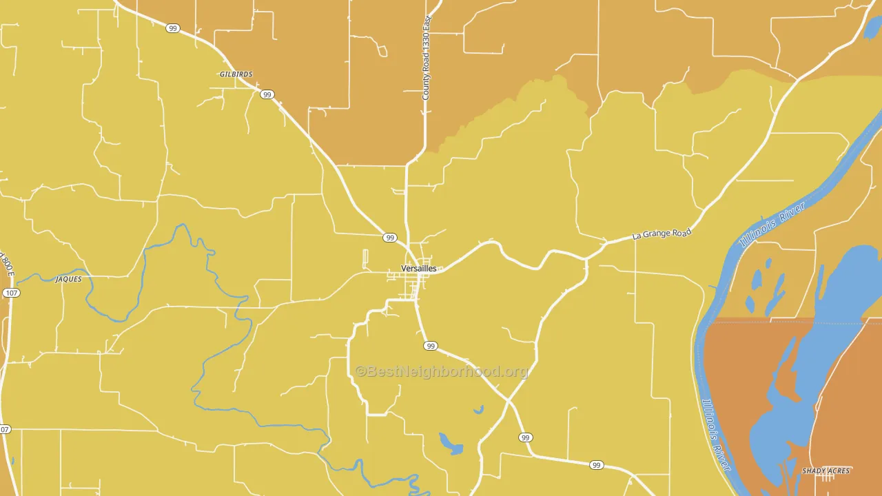Map of the best neighborhoods in the 62378 area, with better matches in green and worse matches in red