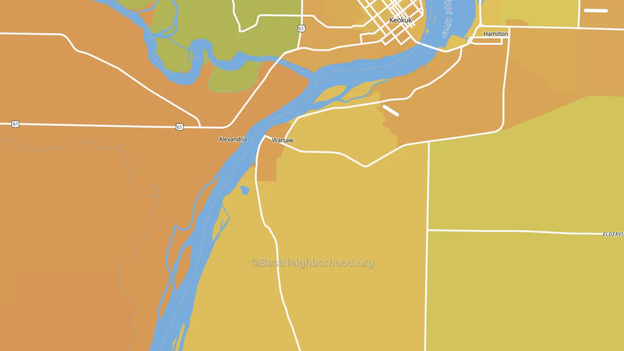 Map of the best neighborhoods in the 62379 area, with better matches in green and worse matches in red