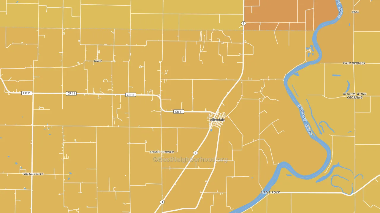 Map of the best neighborhoods in the 62410 area, with better matches in green and worse matches in red