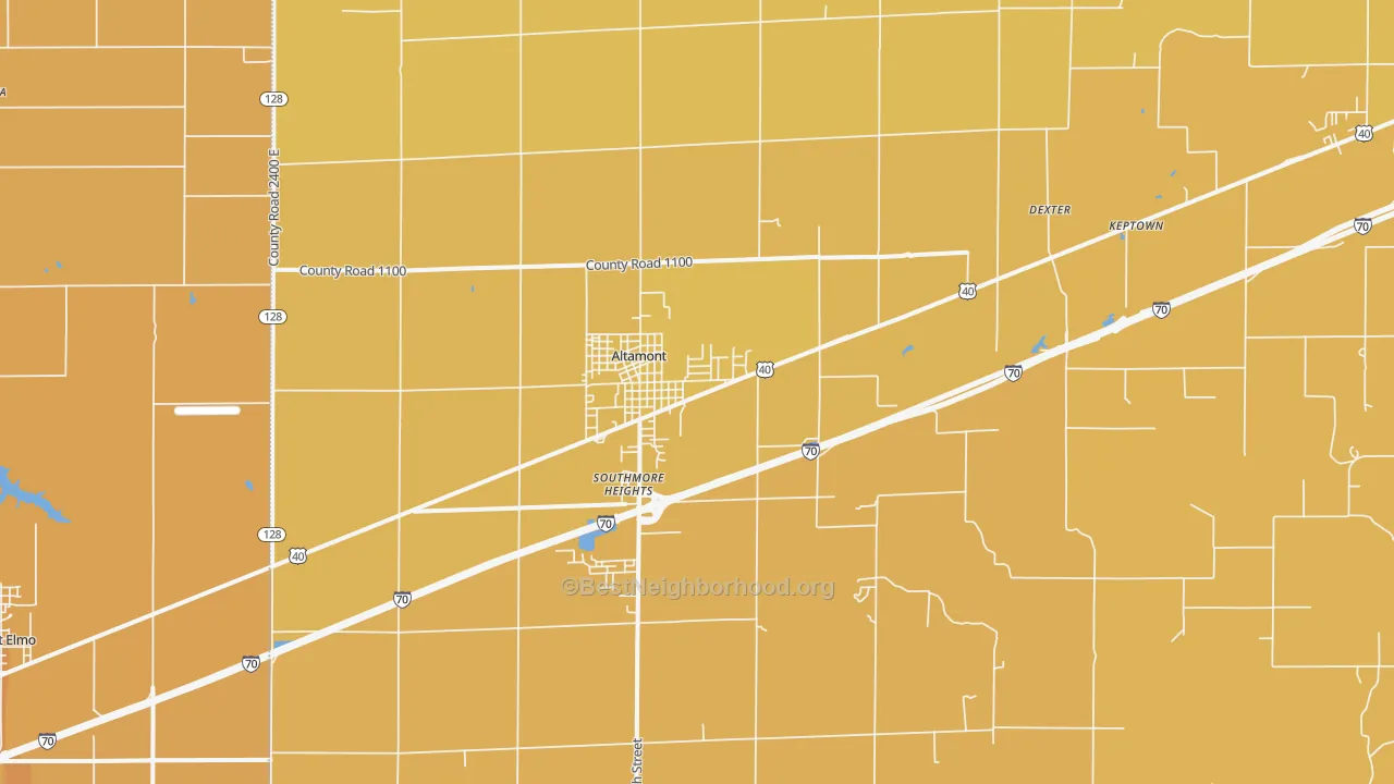 Map of the best neighborhoods in the 62411 area, with better matches in green and worse matches in red