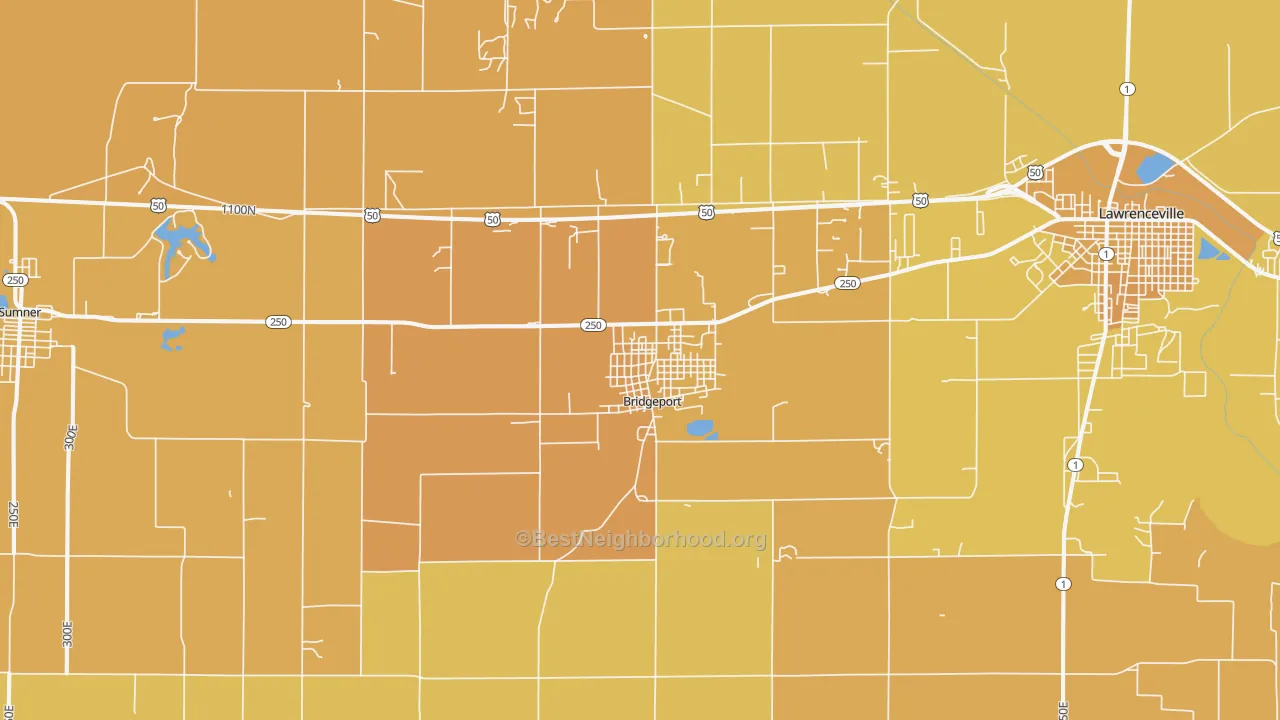 Map of the best neighborhoods in the 62417 area, with better matches in green and worse matches in red