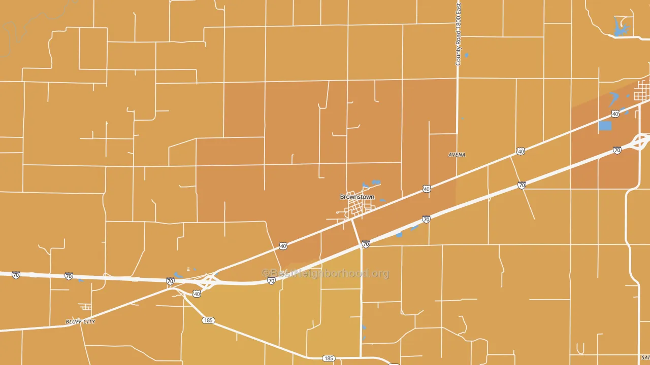 Map of the best neighborhoods in the 62418 area, with better matches in green and worse matches in red
