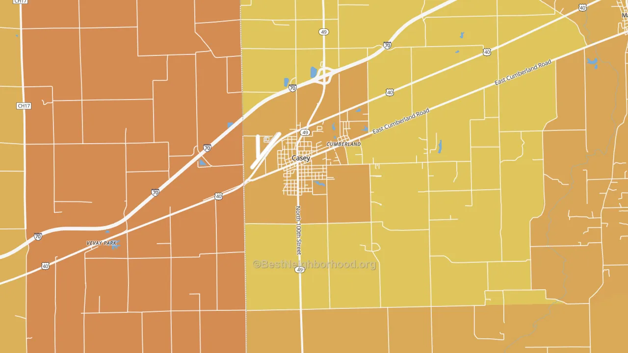 Map of the best neighborhoods in the 62420 area, with better matches in green and worse matches in red