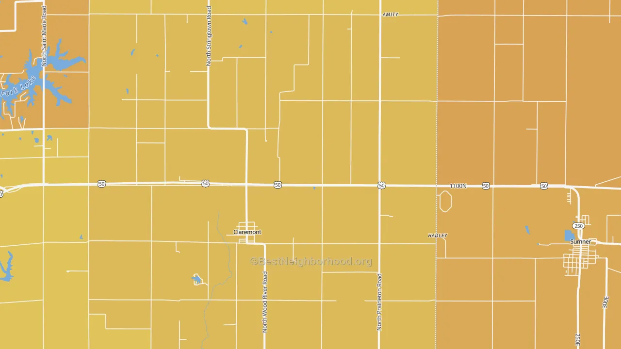 Map of the best neighborhoods in the 62421 area, with better matches in green and worse matches in red