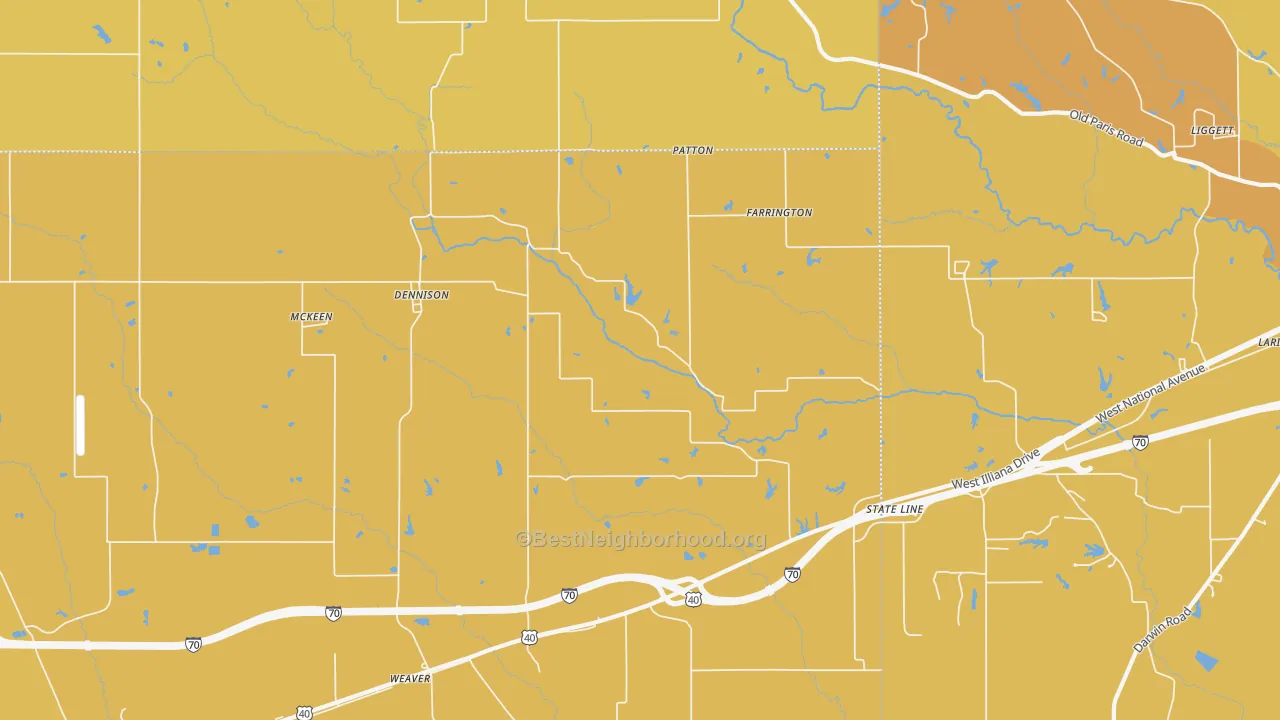 Map of the best neighborhoods in the 62423 area, with better matches in green and worse matches in red