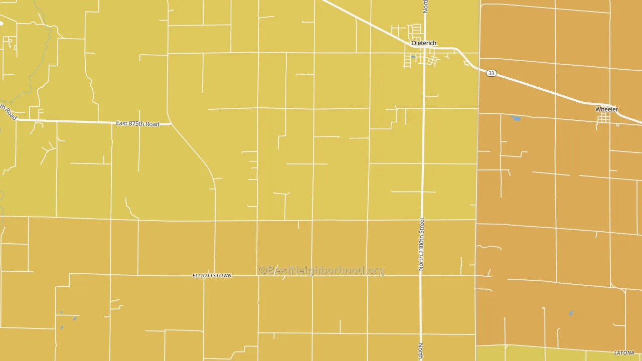 Map of the best neighborhoods in the 62424 area, with better matches in green and worse matches in red
