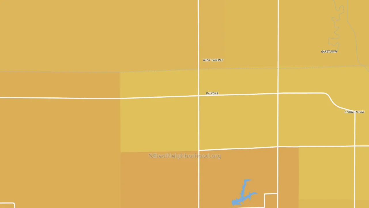 Map of the best neighborhoods in the 62425 area, with better matches in green and worse matches in red