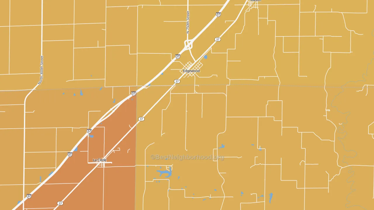 Map of the best neighborhoods in the 62426 area, with better matches in green and worse matches in red