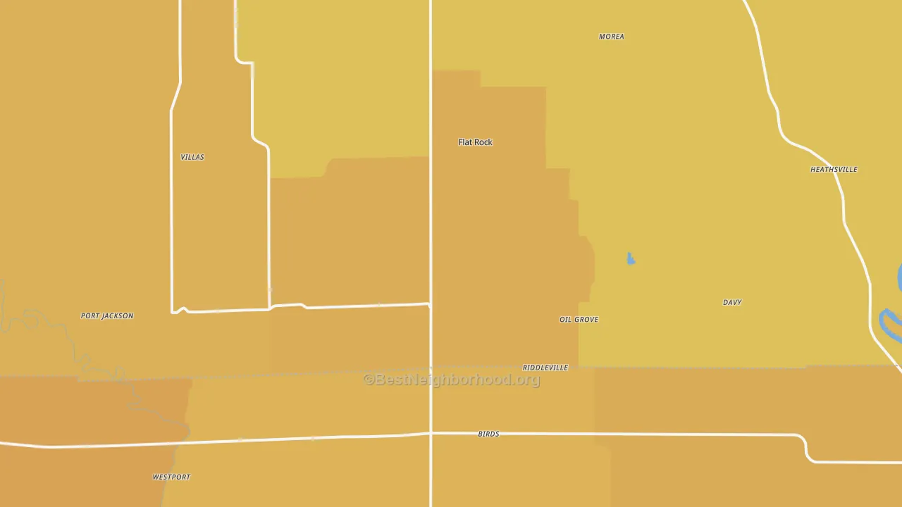 Map of the best neighborhoods in the 62427 area, with better matches in green and worse matches in red