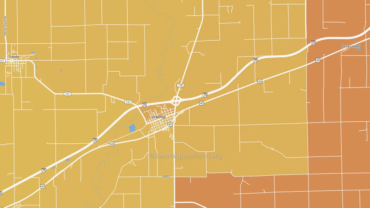 Map of the best neighborhoods in the 62428 area, with better matches in green and worse matches in red