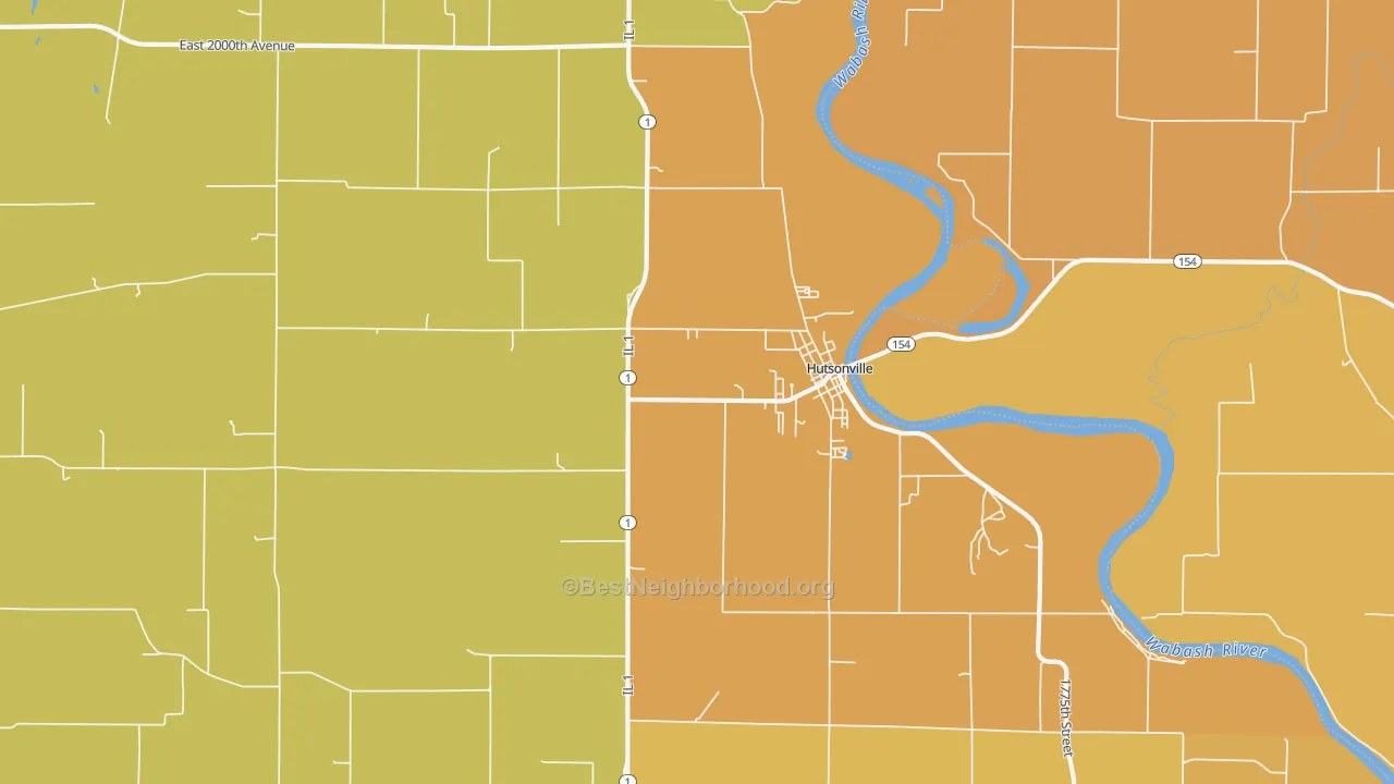 Map of the best neighborhoods in the 62433 area, with better matches in green and worse matches in red
