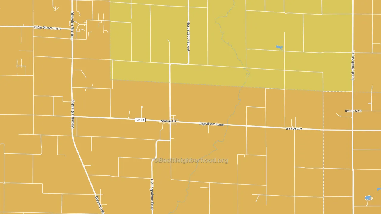 Map of the best neighborhoods in the 62434 area, with better matches in green and worse matches in red