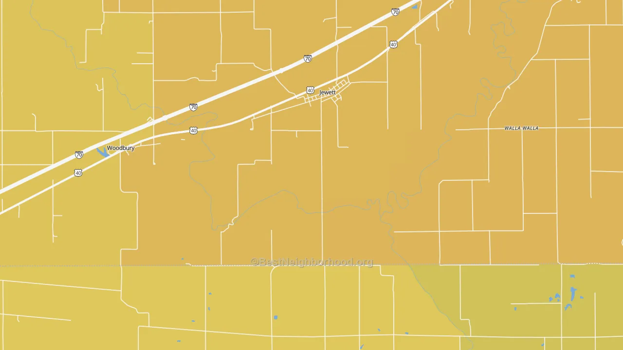 Map of the best neighborhoods in the 62436 area, with better matches in green and worse matches in red