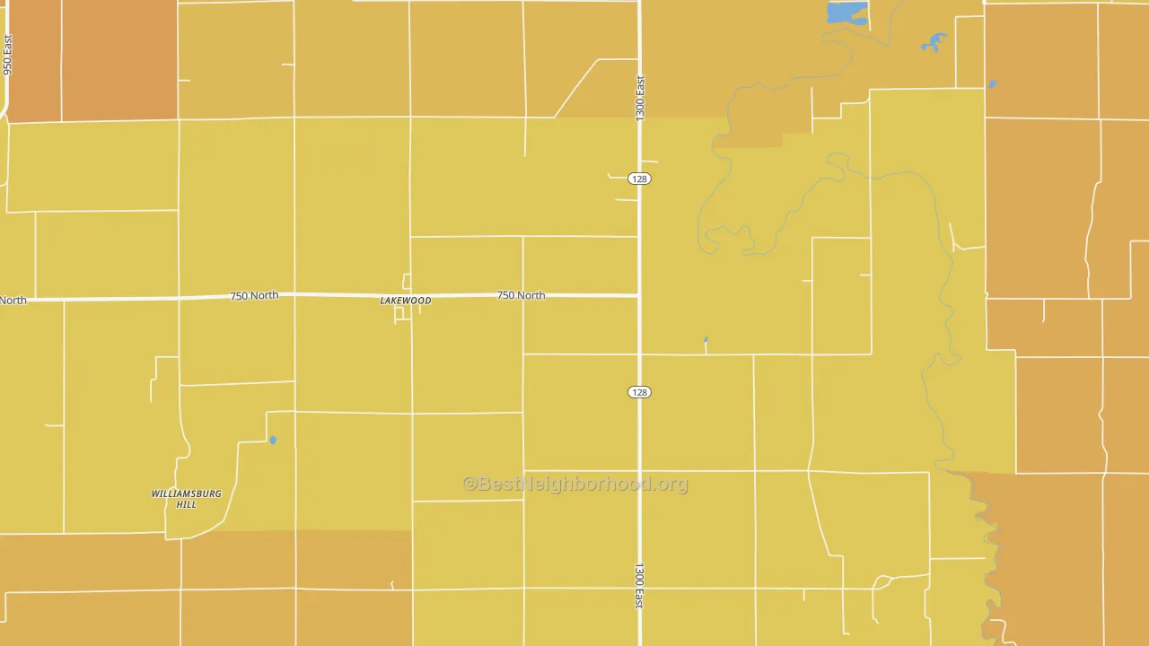 Map of the best neighborhoods in the 62438 area, with better matches in green and worse matches in red