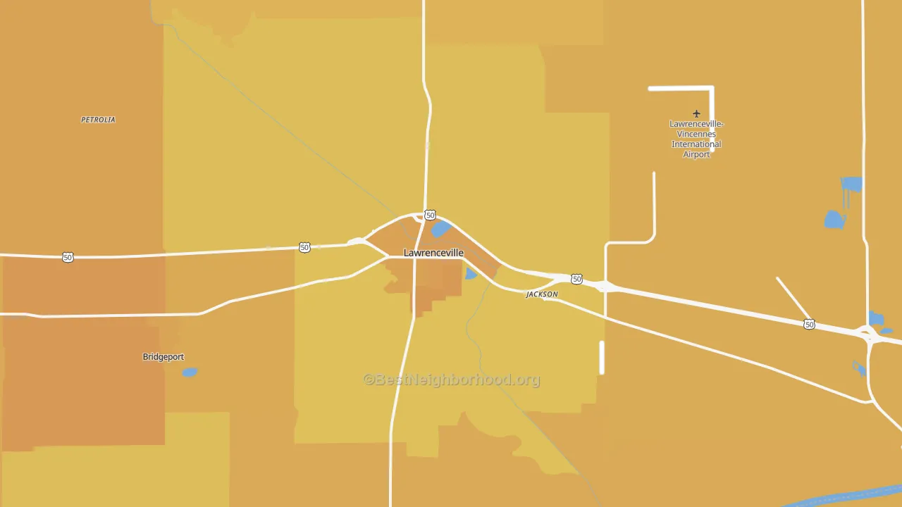 Map of the best neighborhoods in the 62439 area, with better matches in green and worse matches in red