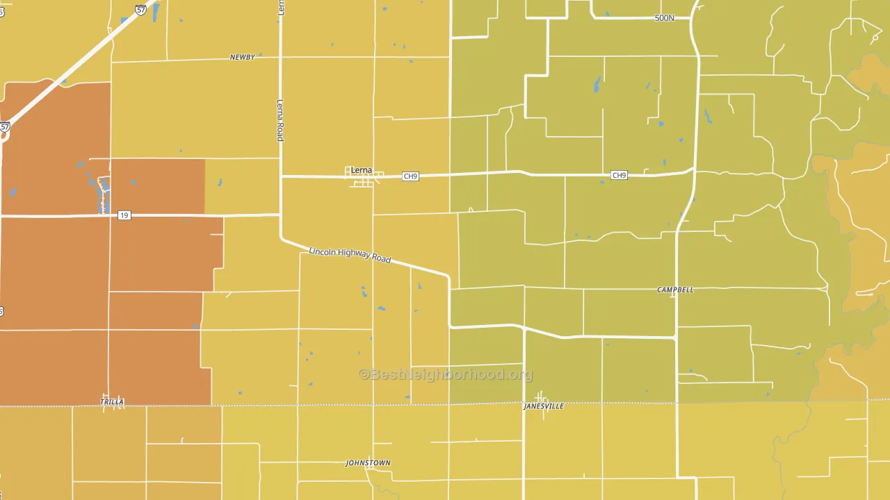 Map of the best neighborhoods in the 62440 area, with better matches in green and worse matches in red