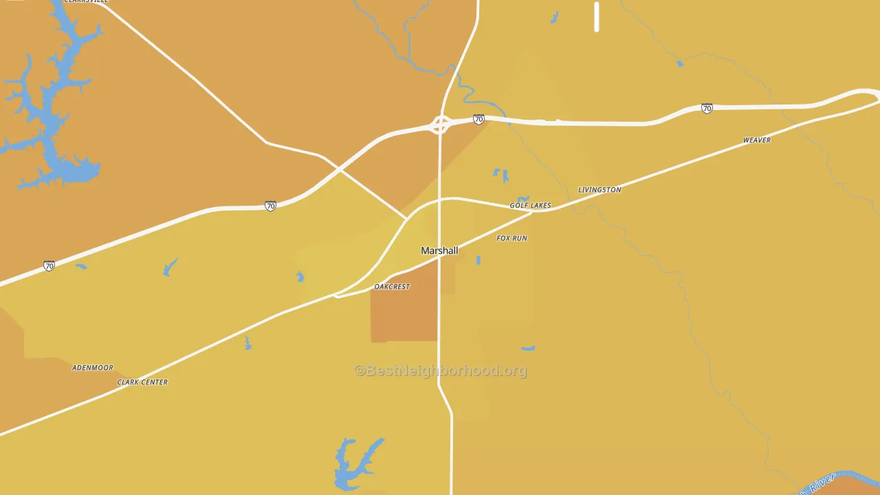 Map of the best neighborhoods in the 62441 area, with better matches in green and worse matches in red