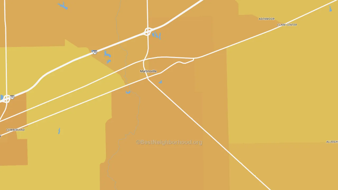 Map of the best neighborhoods in the 62442 area, with better matches in green and worse matches in red