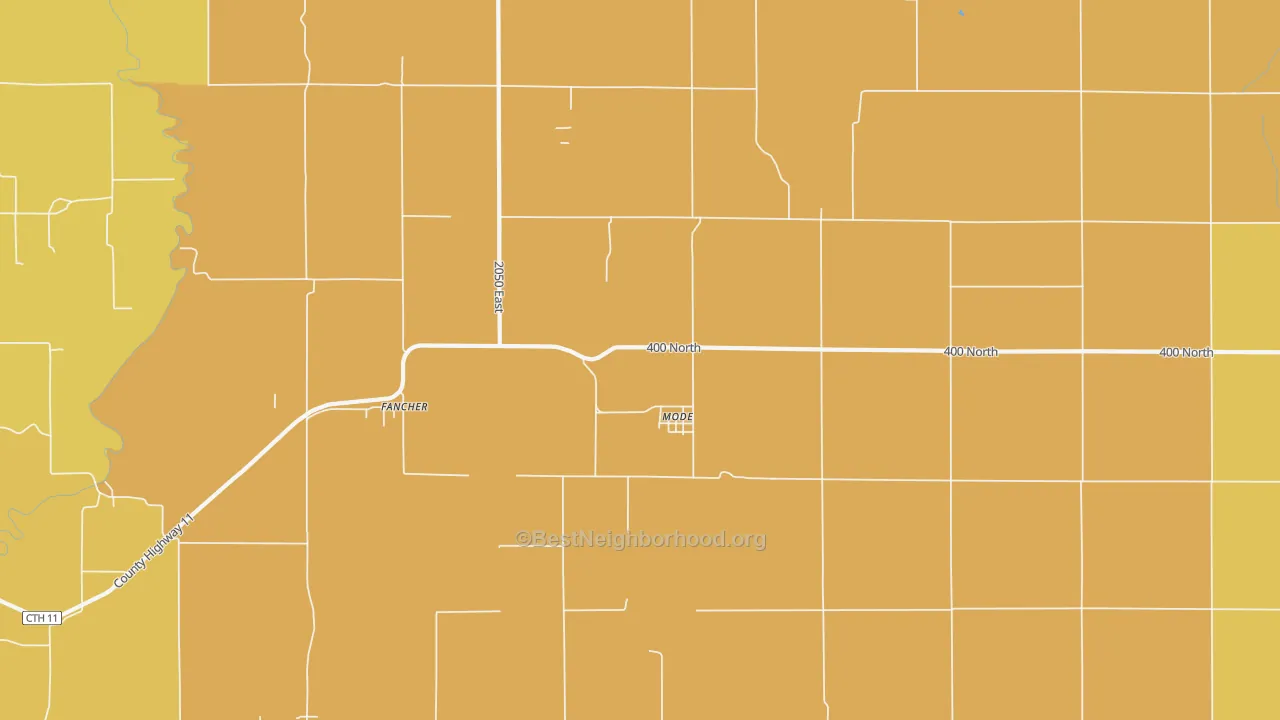 Map of the best neighborhoods in the 62444 area, with better matches in green and worse matches in red