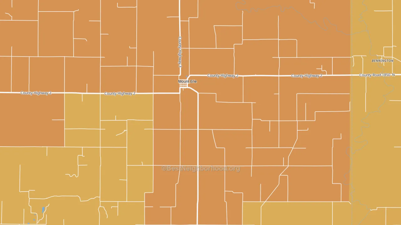 Map of the best neighborhoods in the 62446 area, with better matches in green and worse matches in red