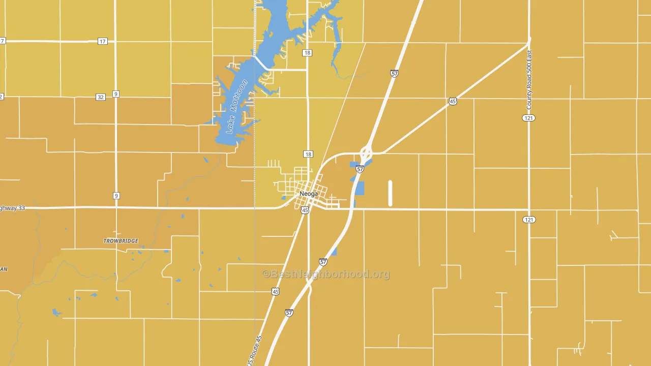 Map of the best neighborhoods in the 62447 area, with better matches in green and worse matches in red