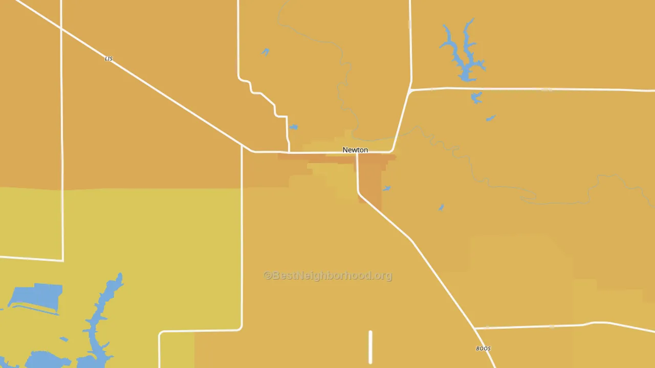 Map of the best neighborhoods in the 62448 area, with better matches in green and worse matches in red