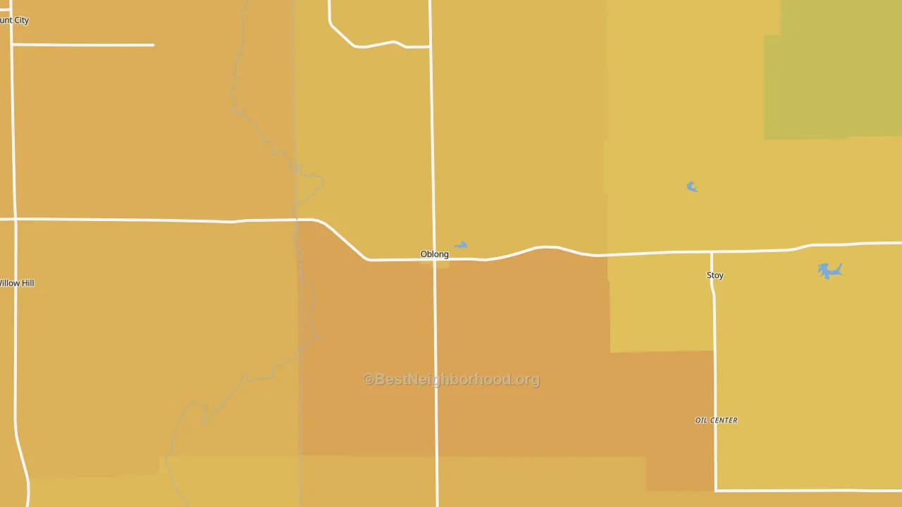 Map of the best neighborhoods in the 62449 area, with better matches in green and worse matches in red
