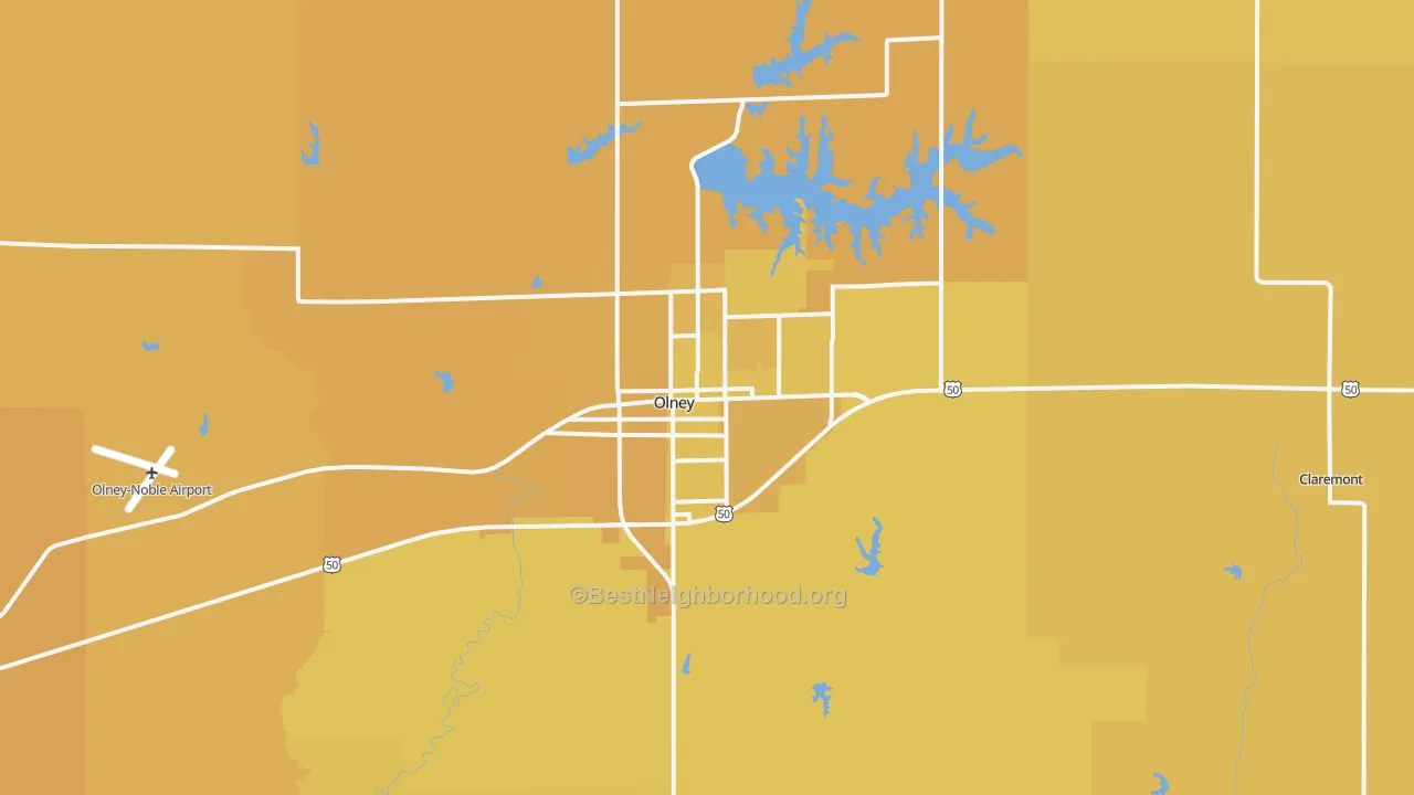 Map of the best neighborhoods in the 62450 area, with better matches in green and worse matches in red
