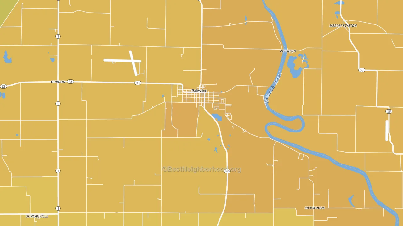 Map of the best neighborhoods in the 62451 area, with better matches in green and worse matches in red