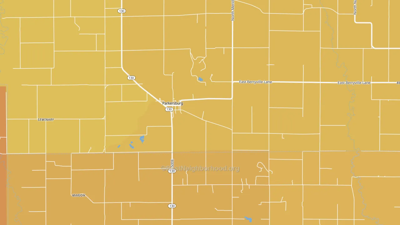 Map of the best neighborhoods in the 62452 area, with better matches in green and worse matches in red