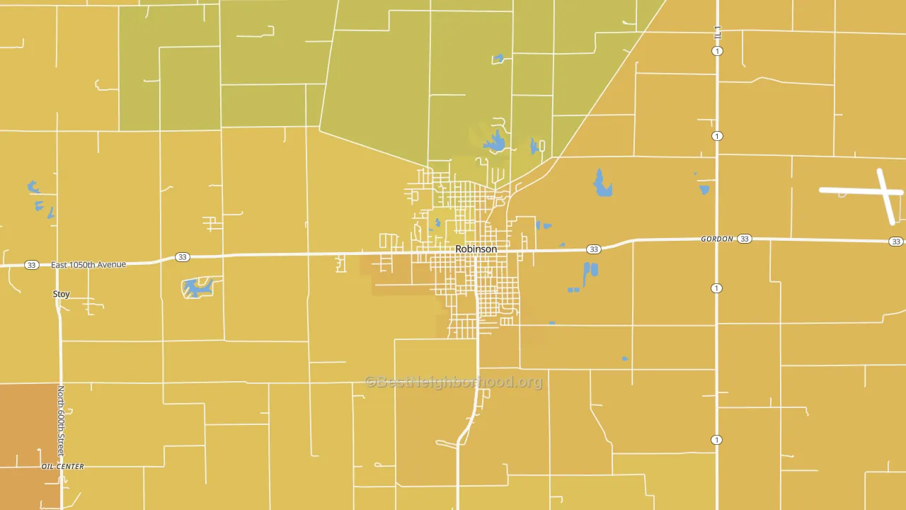 Map of the best neighborhoods in the 62454 area, with better matches in green and worse matches in red