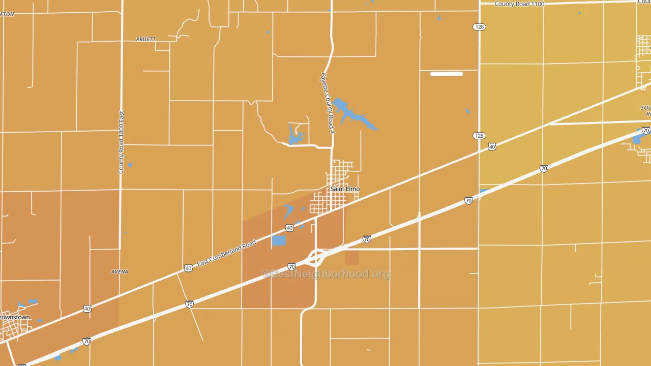 Map of the best neighborhoods in the 62458 area, with better matches in green and worse matches in red