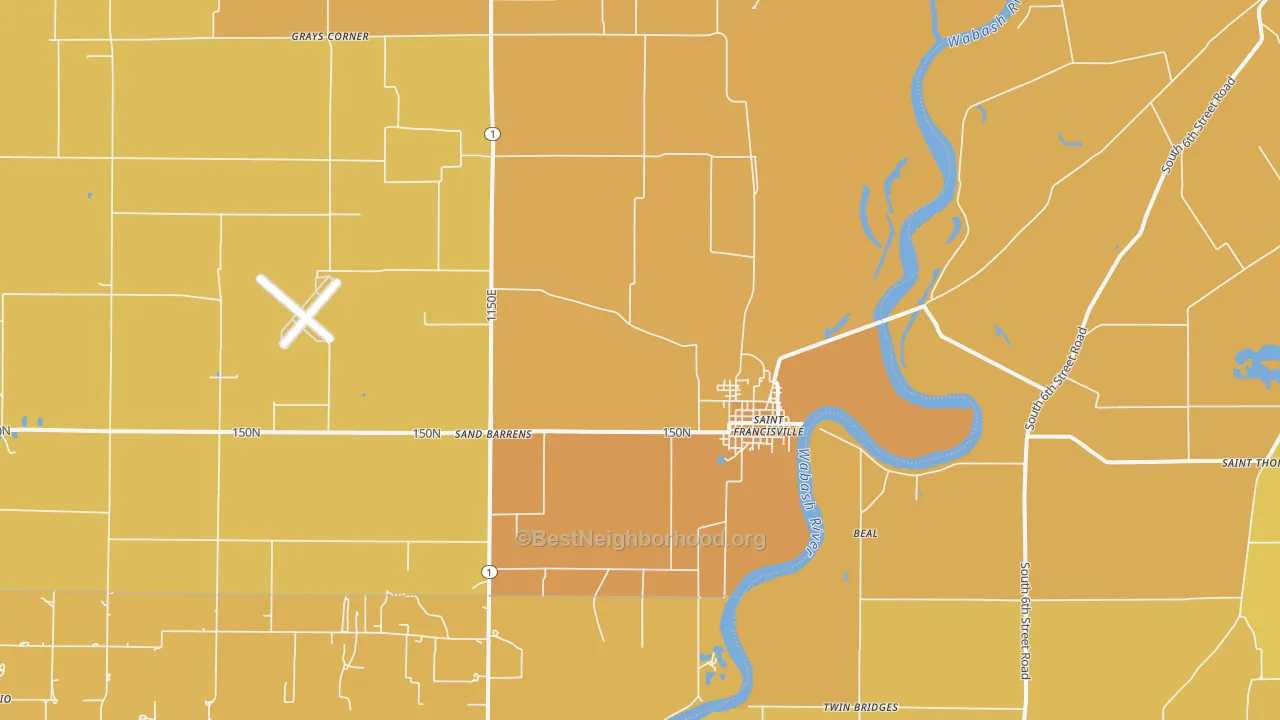 Map of the best neighborhoods in the 62460 area, with better matches in green and worse matches in red