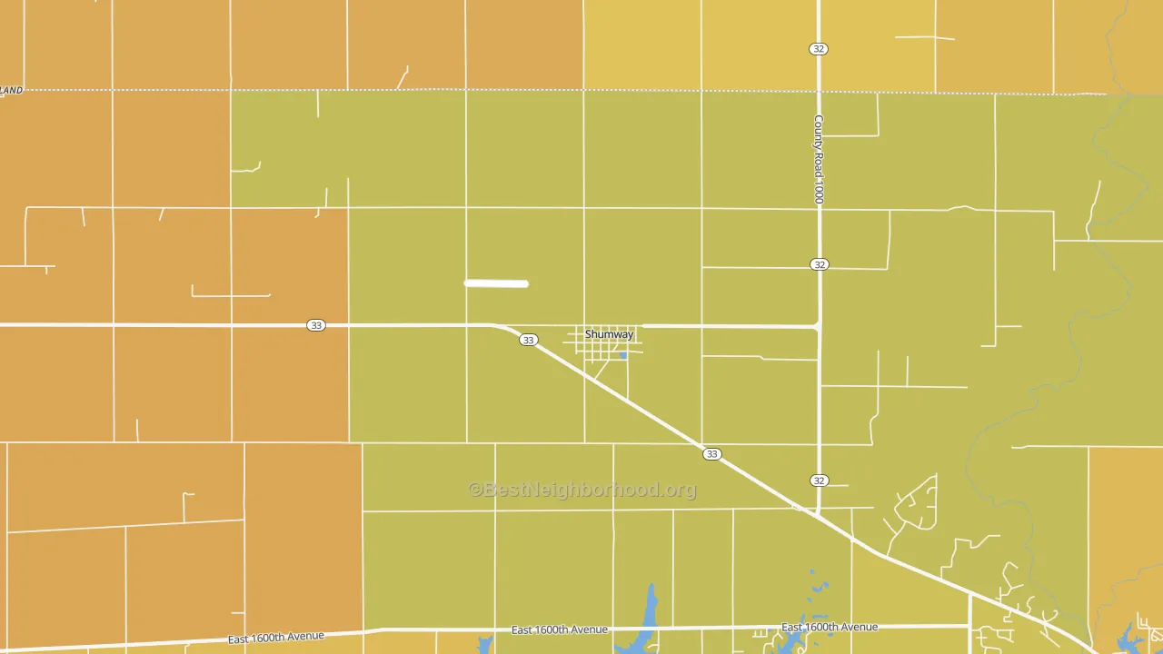 Map of the best neighborhoods in the 62461 area, with better matches in green and worse matches in red