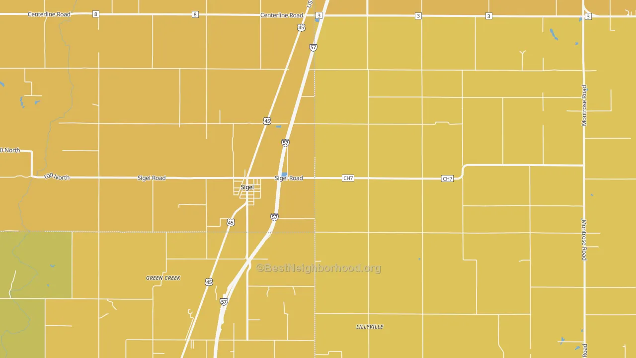 Map of the best neighborhoods in the 62462 area, with better matches in green and worse matches in red